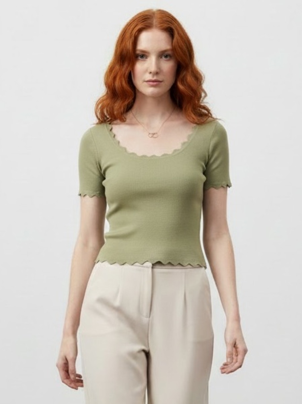 1380 • Sage Green Viscose Blend Scallop Edge Knit Short Sleeve Top